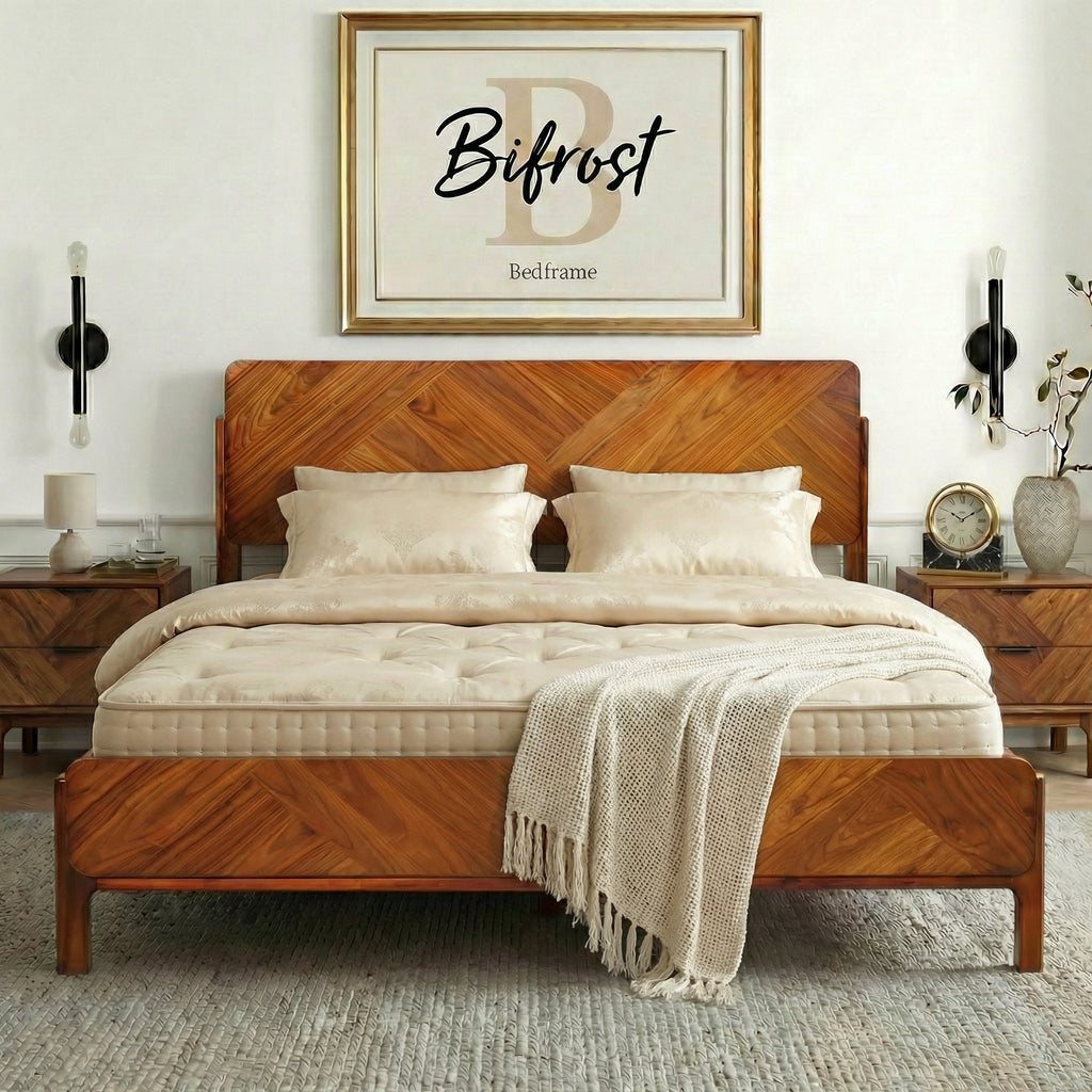Caramel wood bed frame with extra-high headboard, white bedding and throw blanket