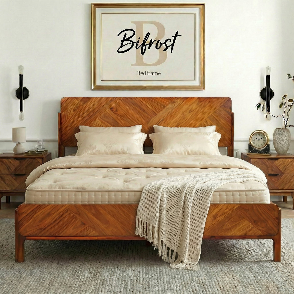 Caramel wood bed frame with extra-high headboard, white bedding and throw blanket