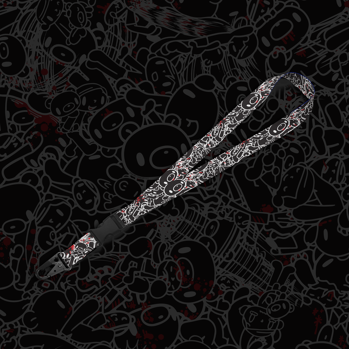 Black patterned lanyard with wide strap and metal clip attachment