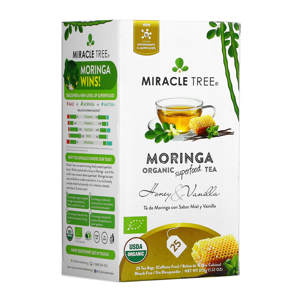 Caffeine-free moringa honey & vanilla herbal tea box, 25 individually wrapped tea bags.
