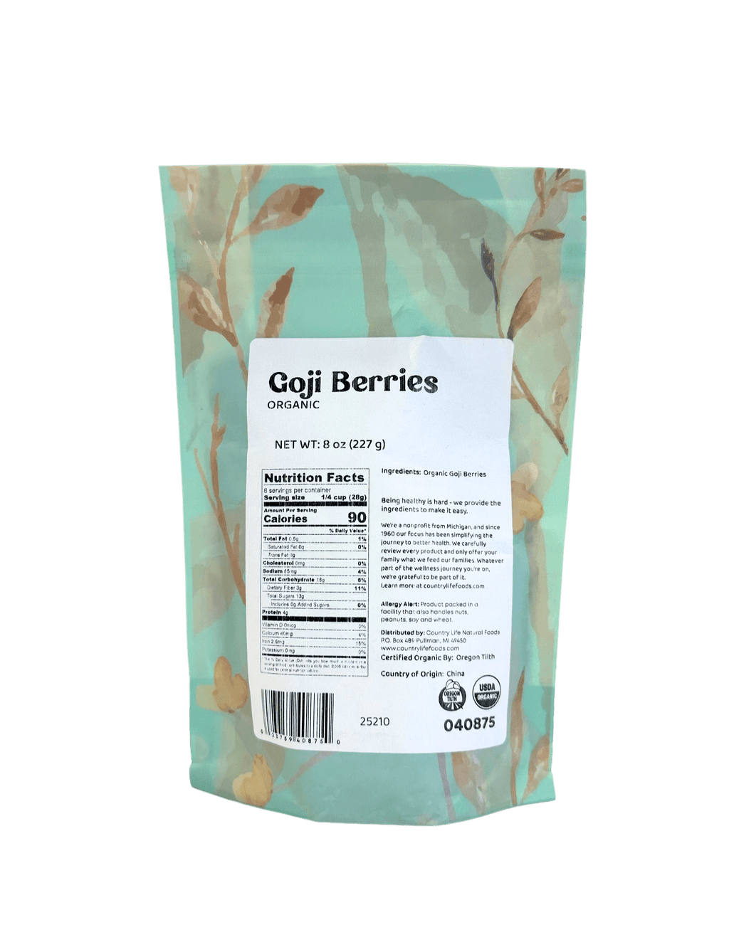 Organic goji berries pouch back panel with nutrition facts and barcode