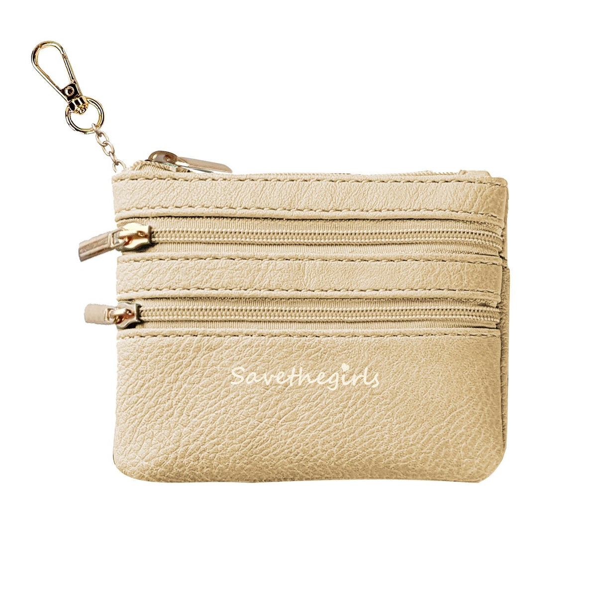 Ecru zippered pouch with 3 zippers and gold keychain ring