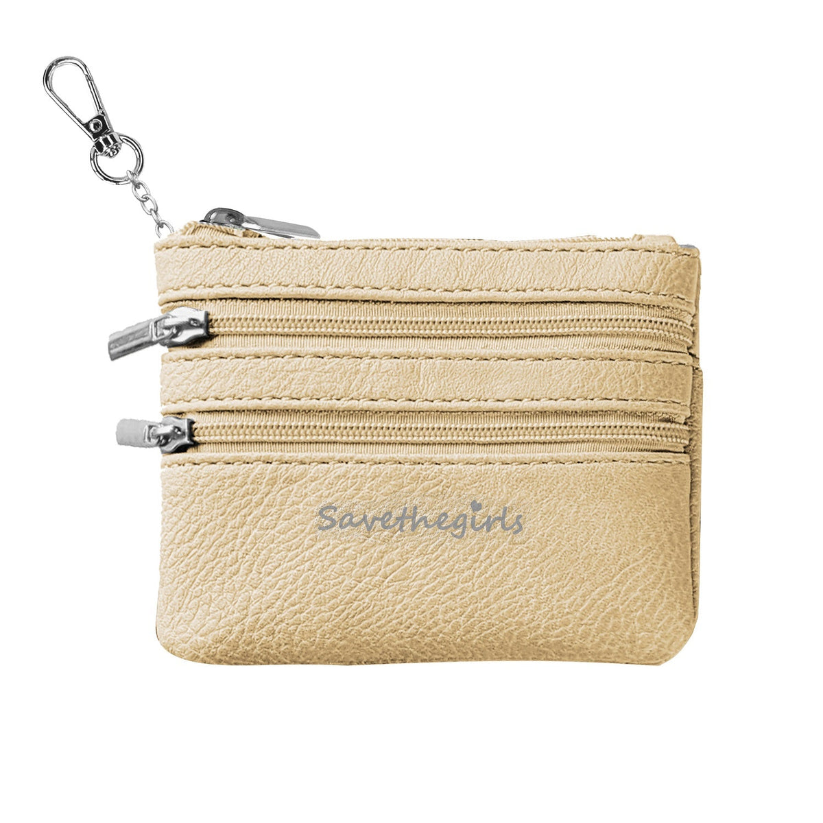 Beige zippered pouch with three zipper compartments and metal keychain ring