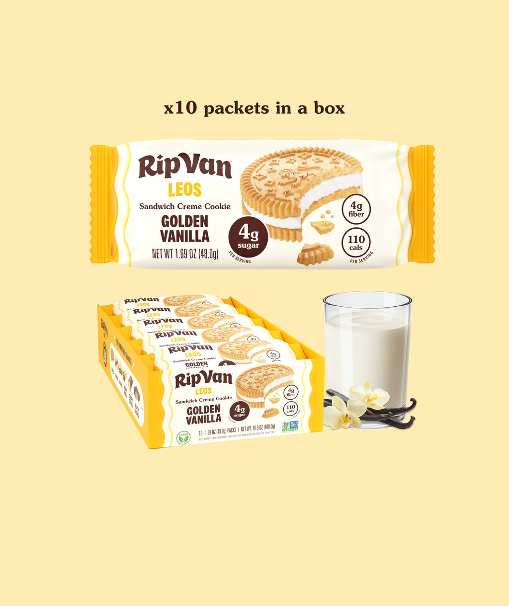 Box of 10 vanilla cookie sandwich packets with cream filling shown