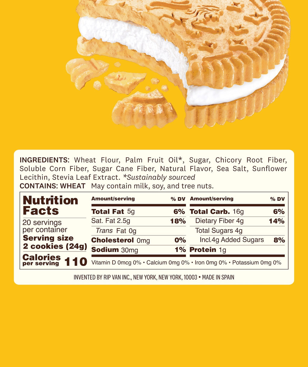 Nutrition facts and ingredients panel for golden vanilla cookie sandwich packets