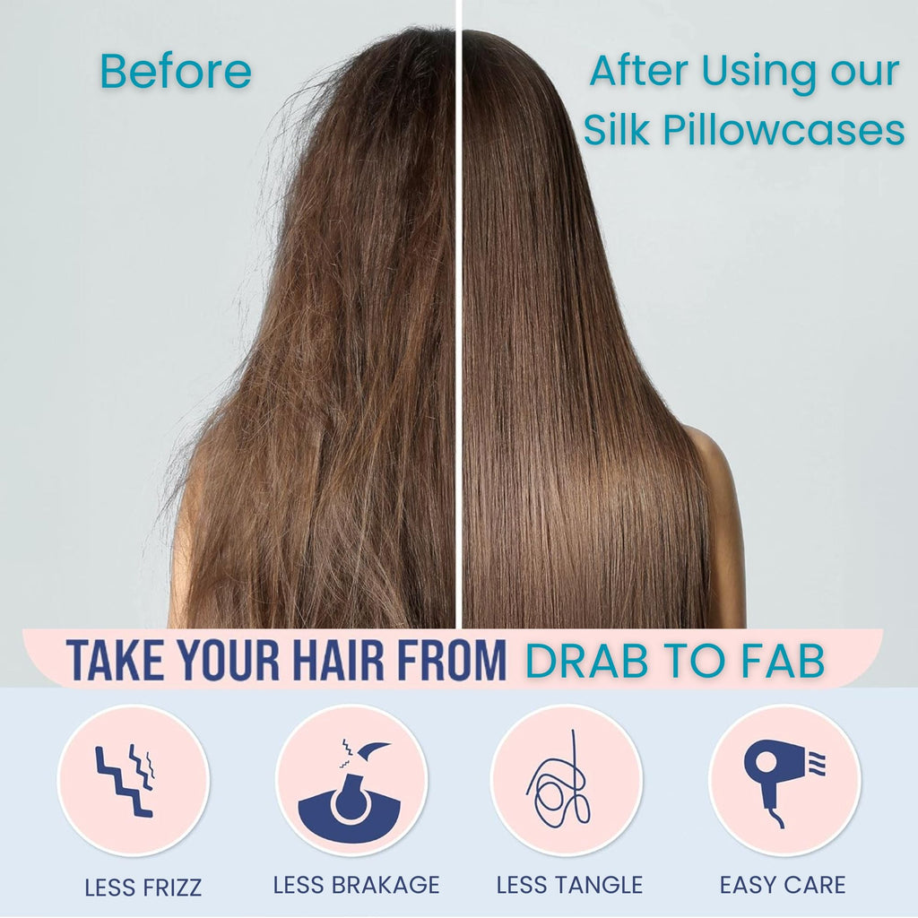 Split hair-care comparison showing before and after hair results with silk pillowcases