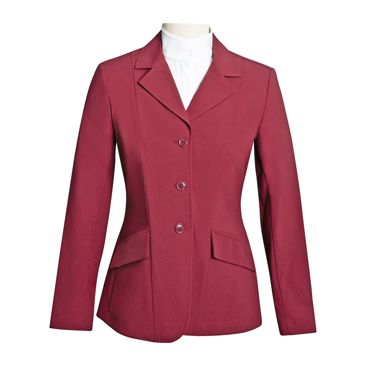 Burgundy ladies show coat with three-button closure and two front pockets
