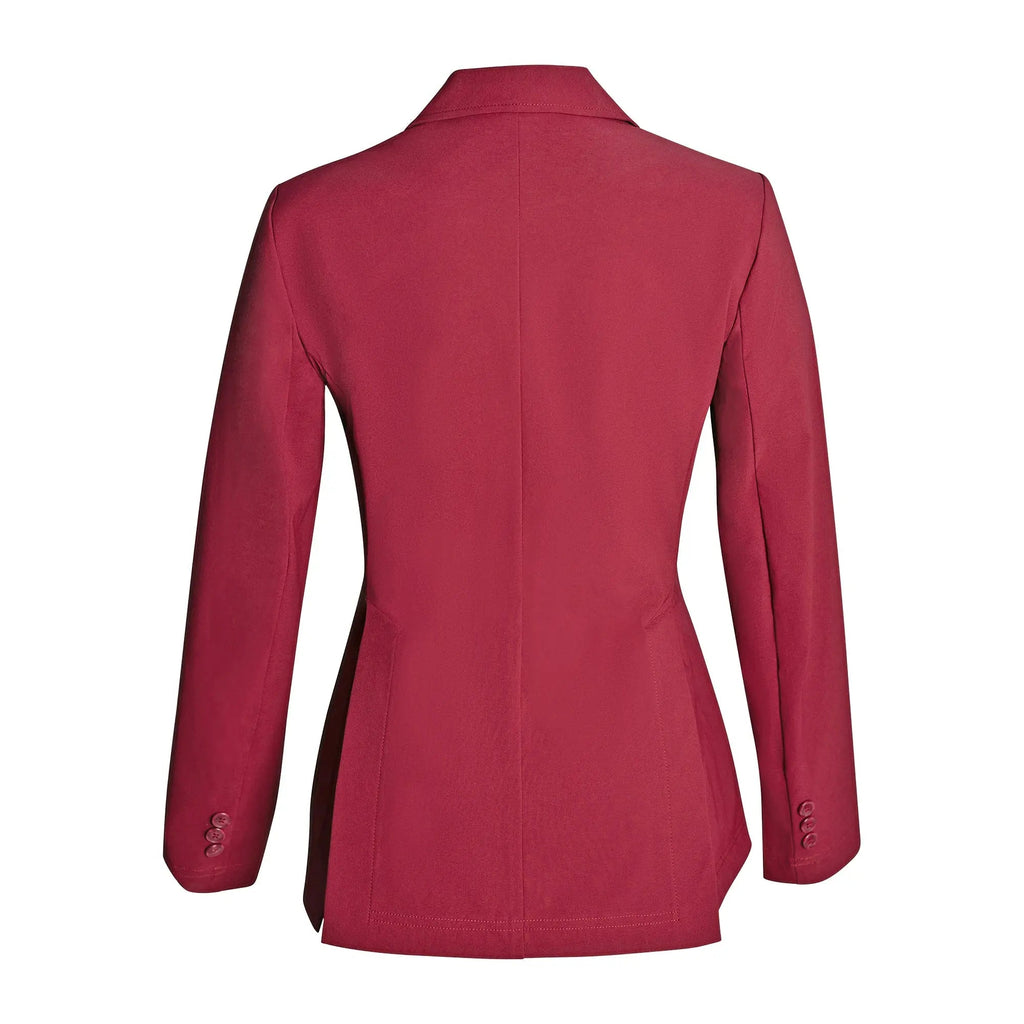 Burgundy ladies show coat back view with smooth center seam