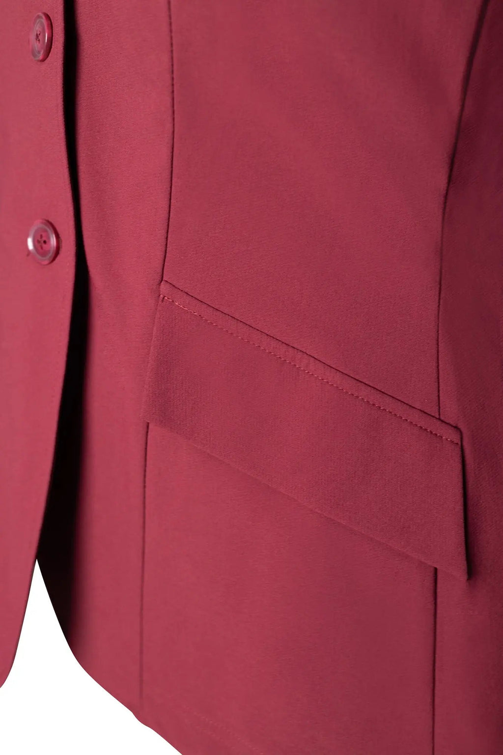 Burgundy show coat pocket and three-button placket close-up