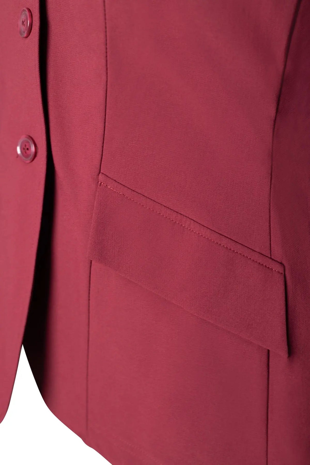 Burgundy show coat pocket and three-button placket close-up