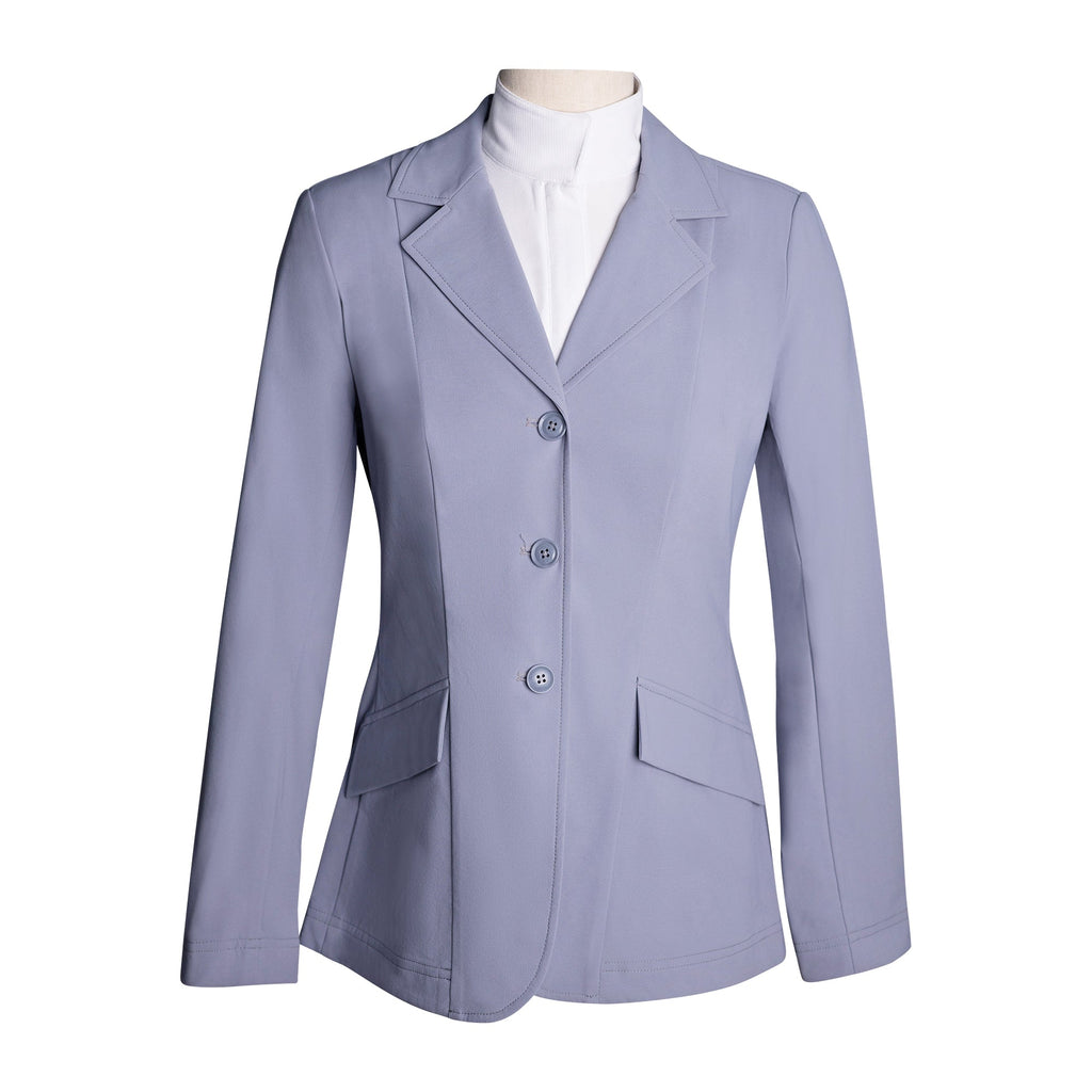 Cadet blue ladies three-button show coat with notched lapels and front flap pockets
