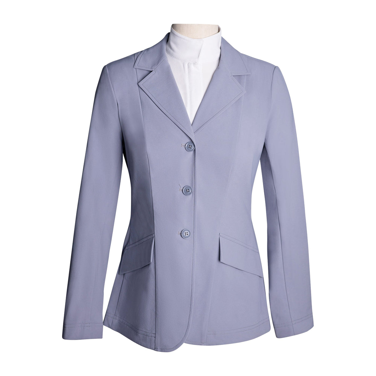 Cadet blue ladies three-button show coat with notched lapels and front flap pockets