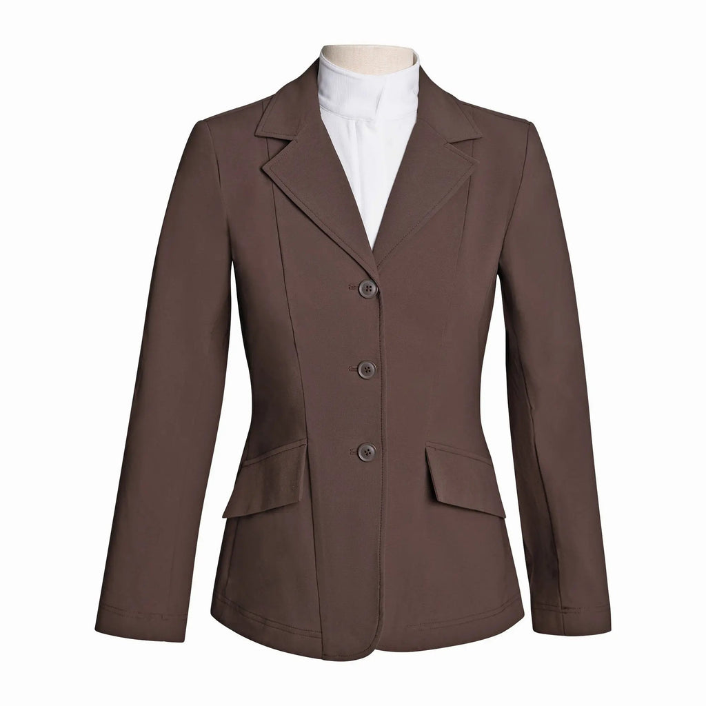 Women’s chocolate-brown riding show coat with three-button front and pocket flaps