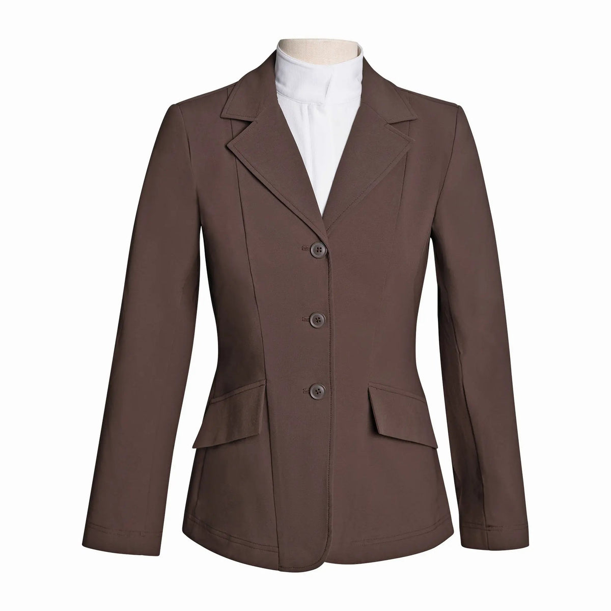 Women’s chocolate-brown riding show coat with three-button front and pocket flaps