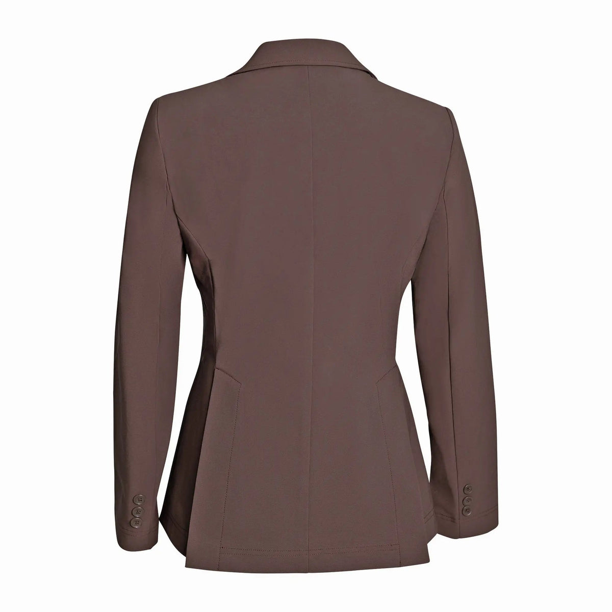 Women’s chocolate-brown show coat back view with curved waist seam