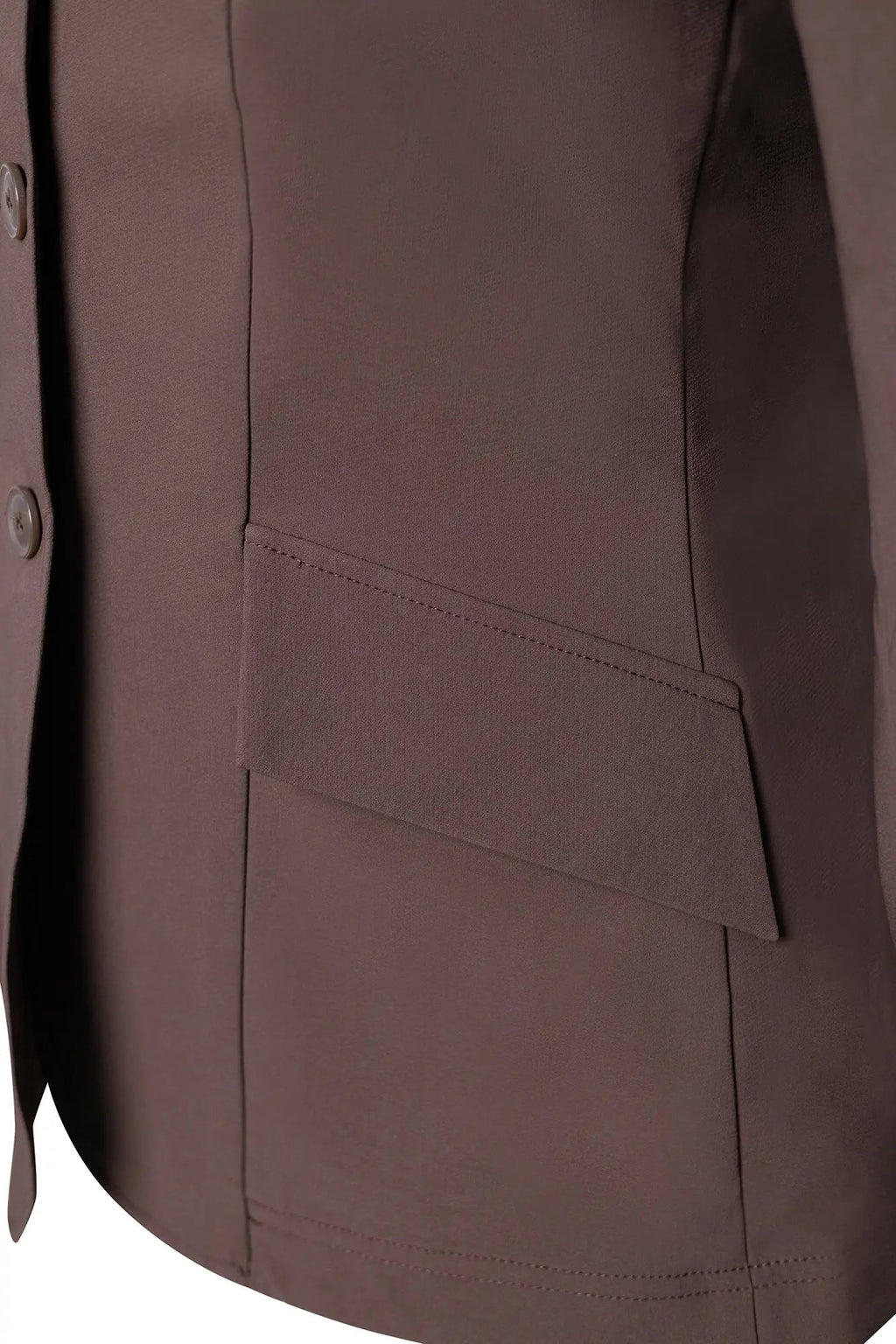 Chocolate-brown show coat close-up of lower pocket seam and side panel stitching