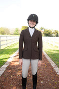 Women’s chocolate-brown show coat with three-button front and side pockets
