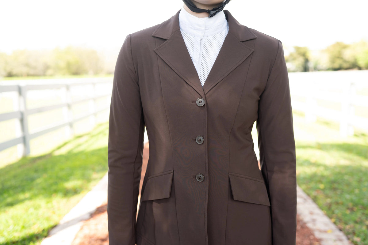 Women’s chocolate-brown show coat front with notch lapels and three-button closure