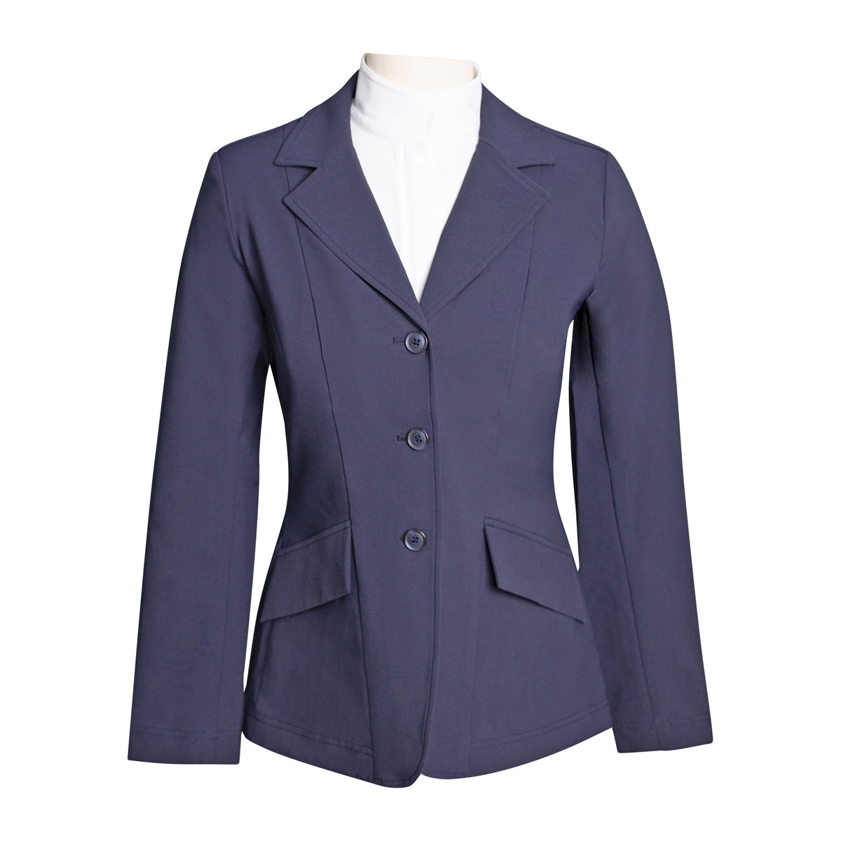 Navy ladies tailored show coat with notched lapel and three-button placket