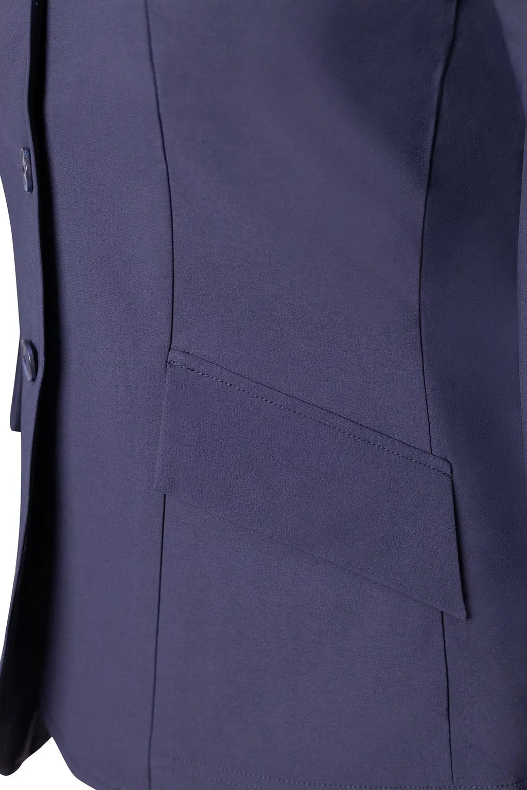Navy show coat side seam and decorative stitch detail near flap pocket