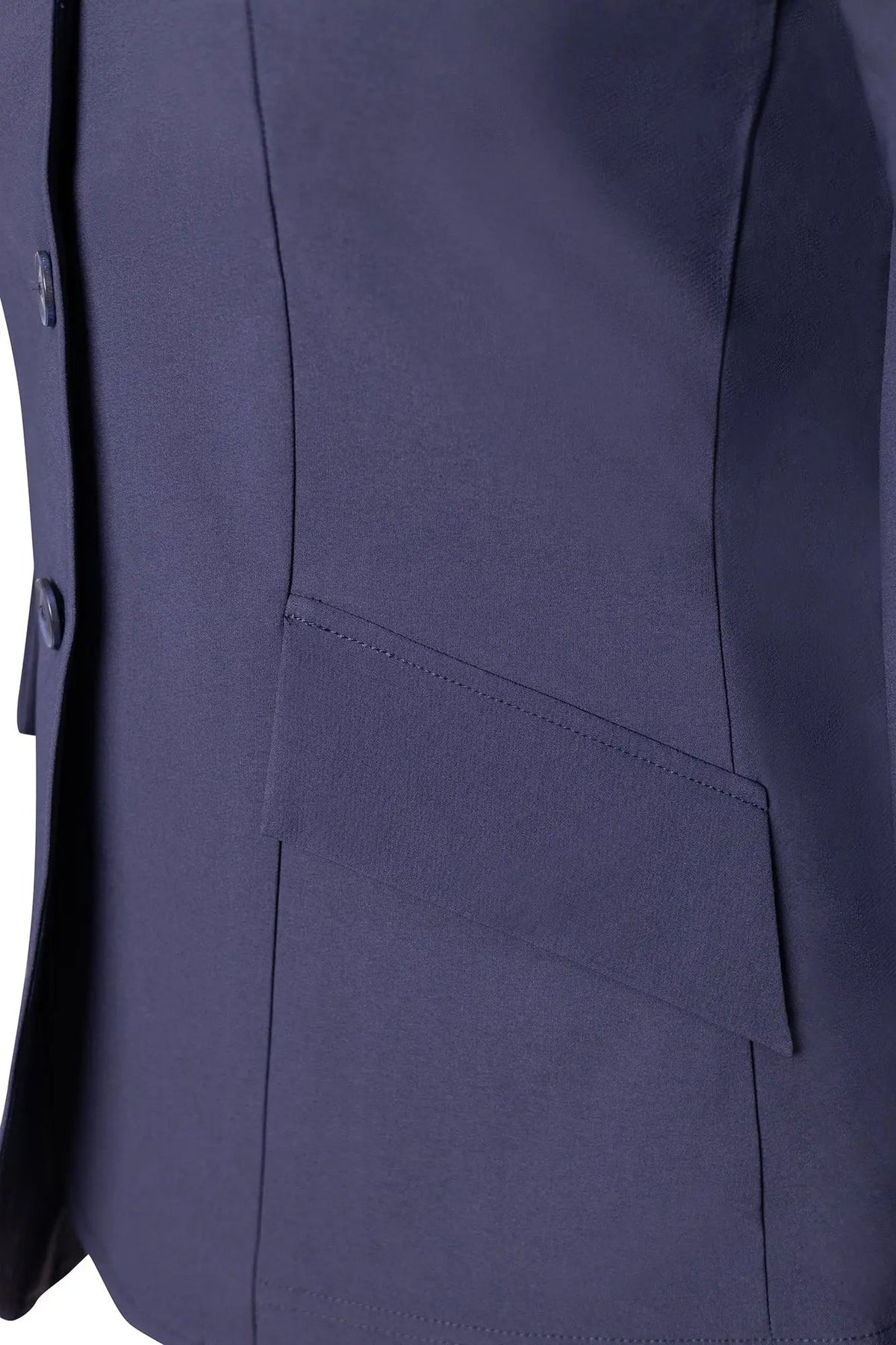 Navy show coat side seam and decorative stitch detail near flap pocket