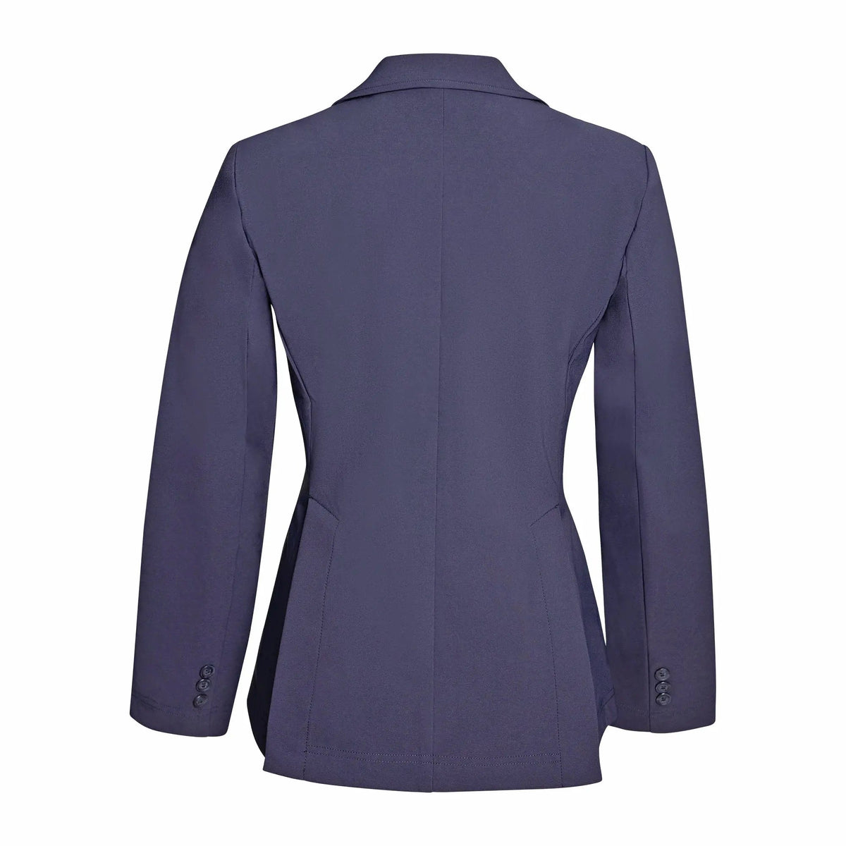 Navy ladies show coat back view with tailored seams and full-length sleeves