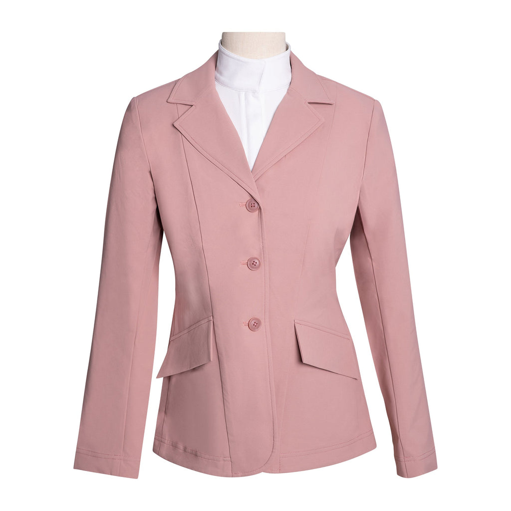 Rose pink ladies show coat front view with button closure and flap pockets