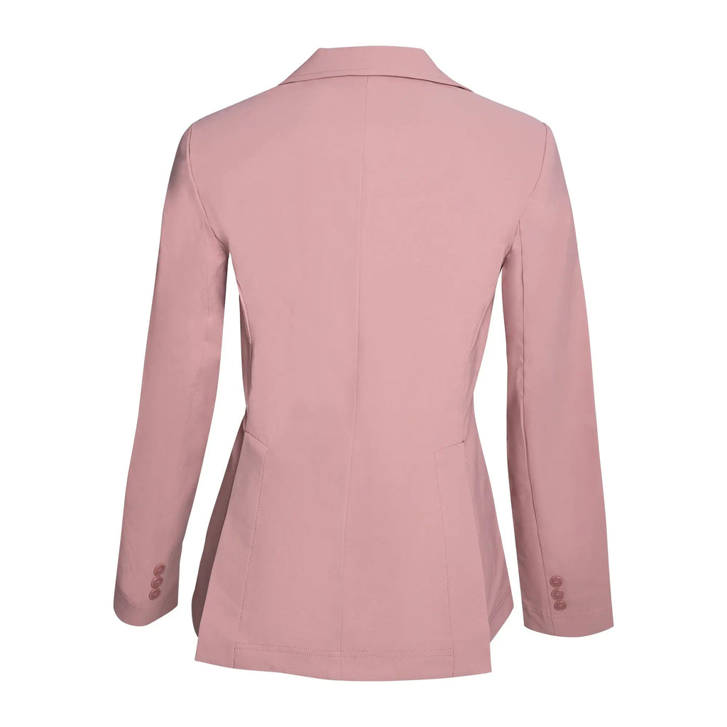 Rose pink ladies show coat back view with princess seams