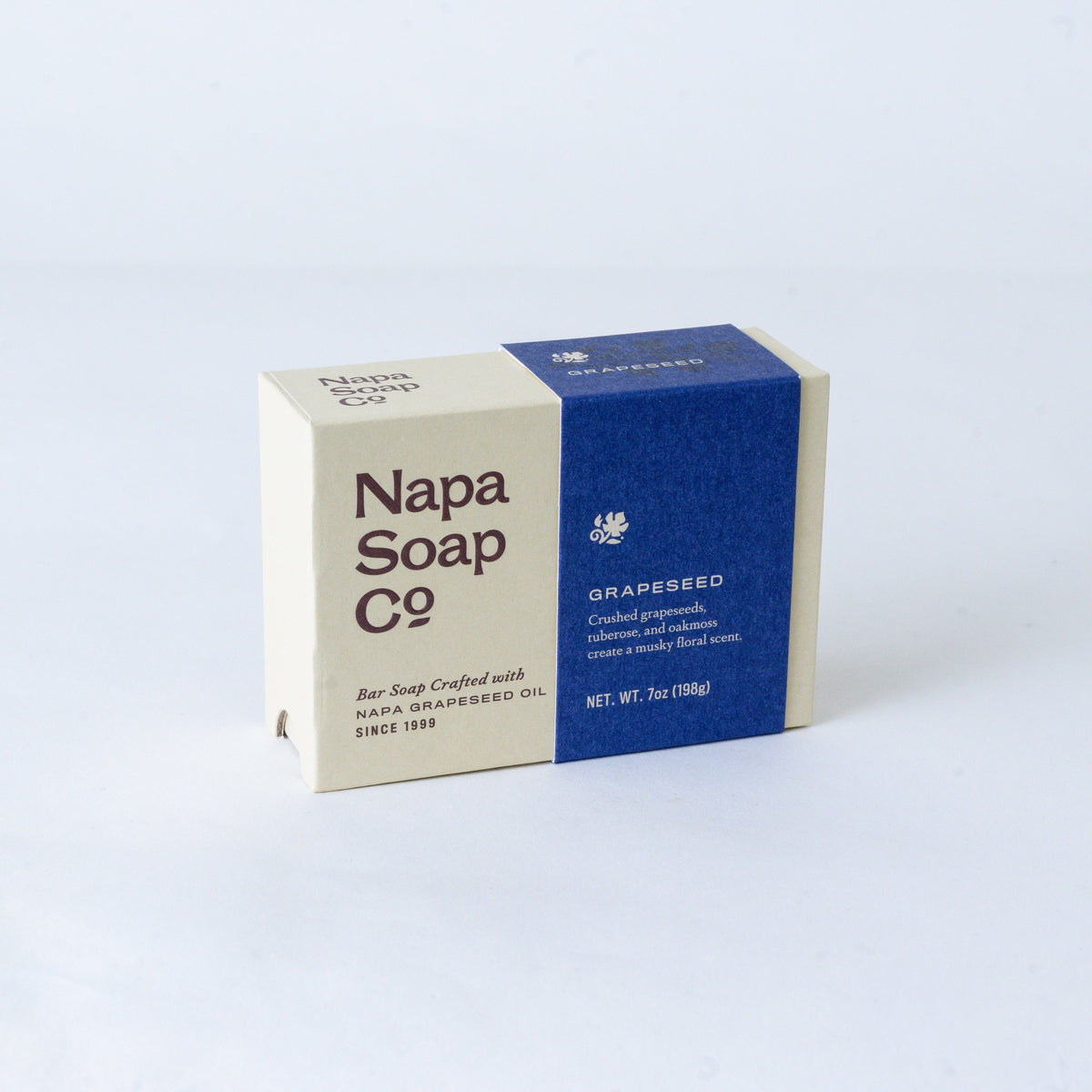 Bar soap with NAPA Soap Co grape-seed box, blue and white sides