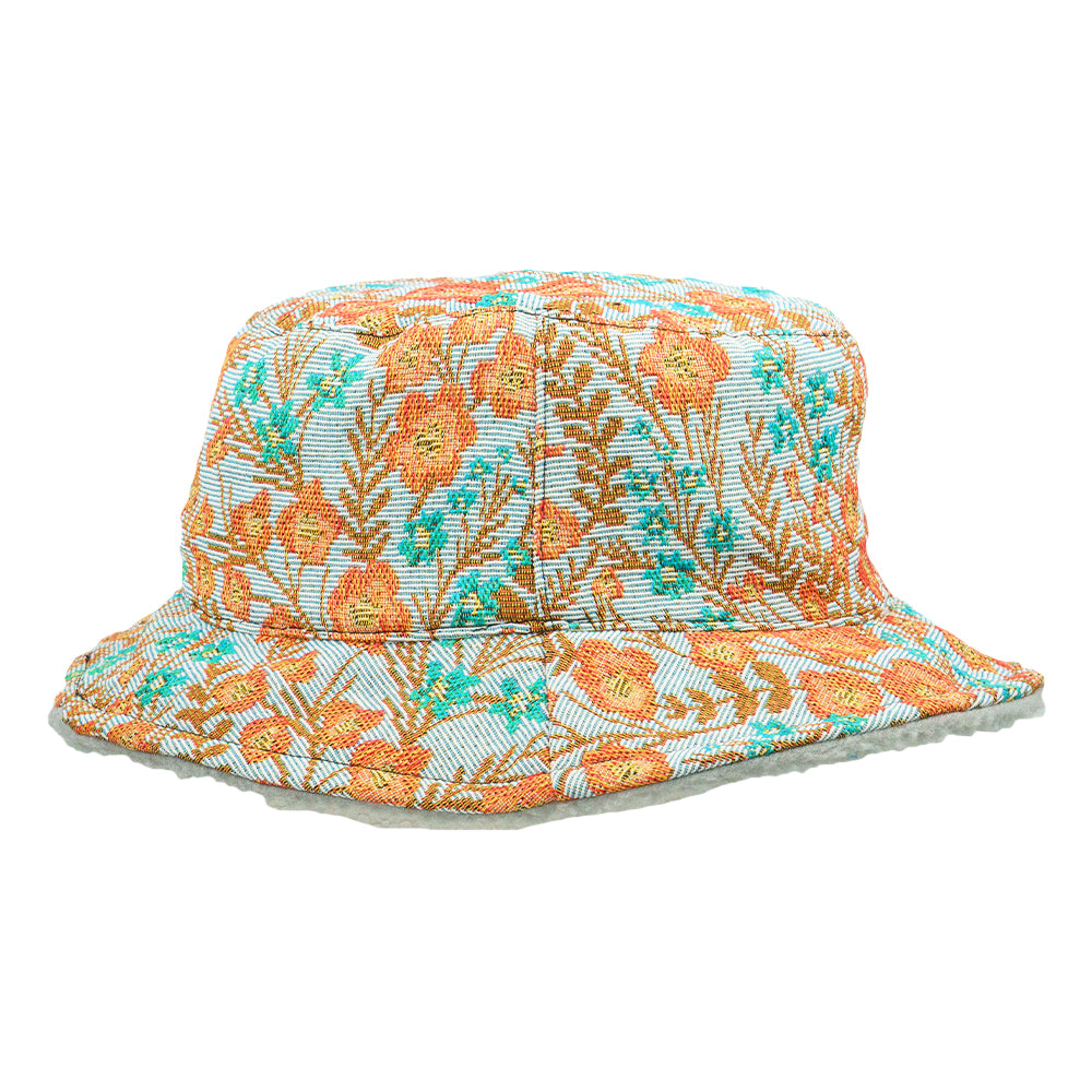 Reversible bucket hat floral side view, orange and teal pattern