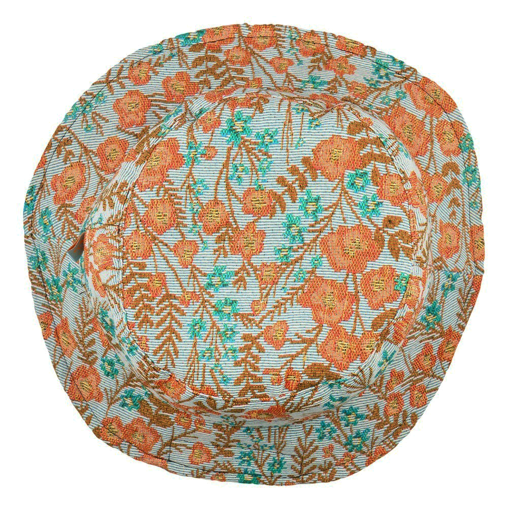 Reversible bucket hat with floral print back view in orange and teal