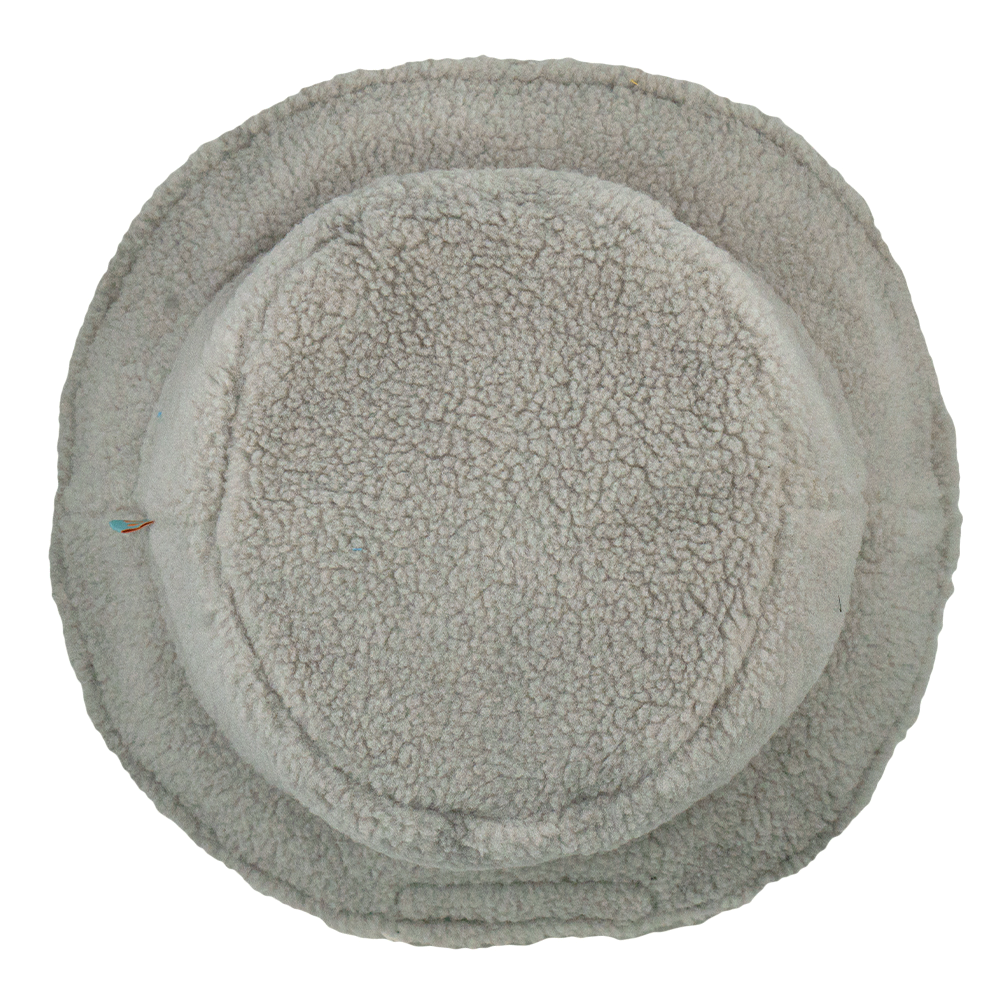 Reversible bucket hat lining in light gray sherpa with circular inner seam