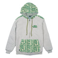 Light gray zip-up hoodie with green patterned hood lining and bear graphic on chest