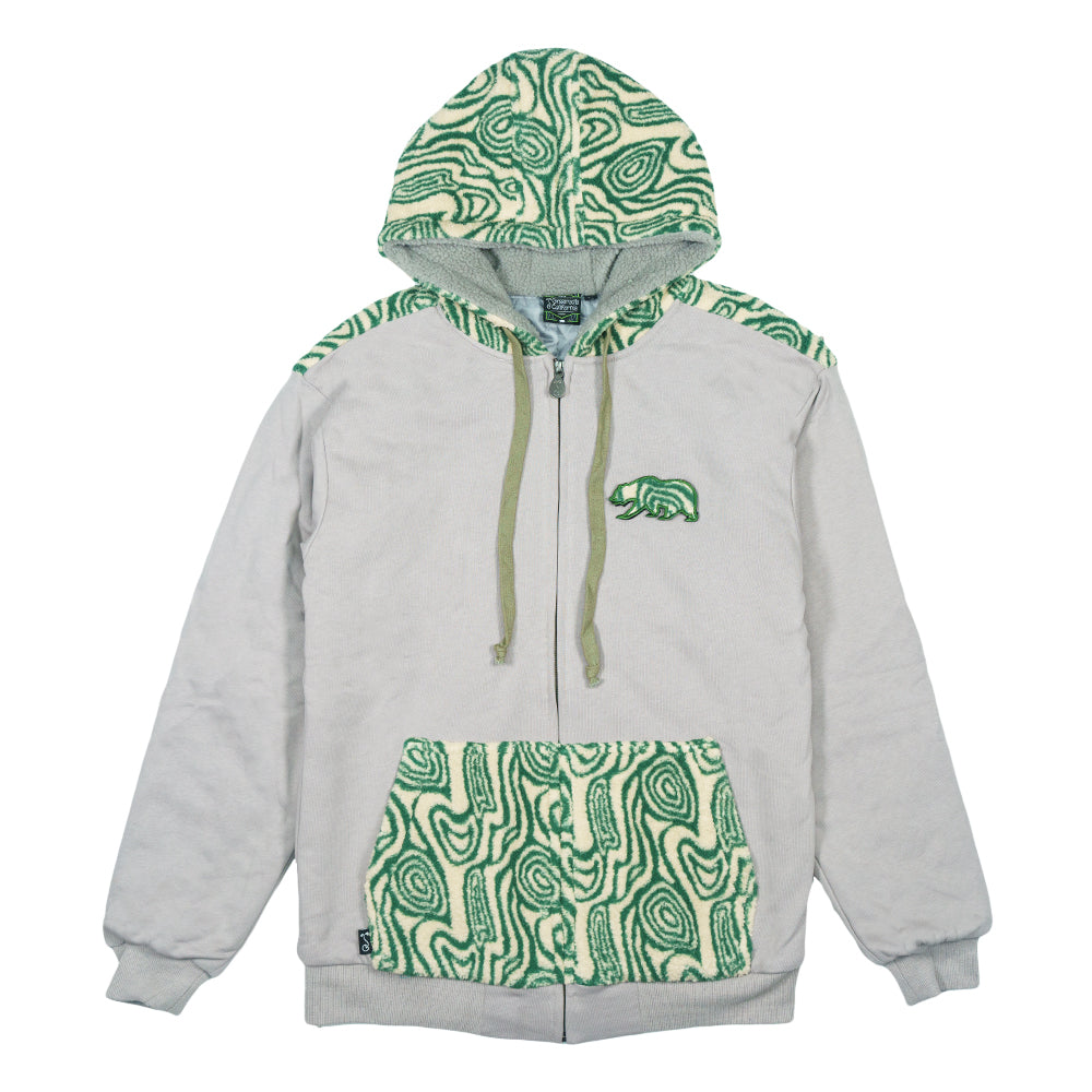 Light gray zip-up hoodie with green patterned hood lining and bear graphic on chest