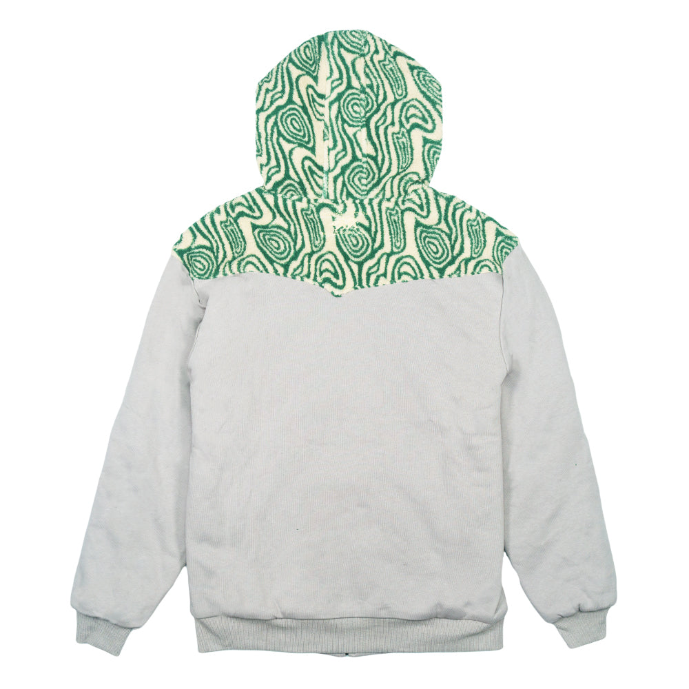 Light gray zip-up hoodie with green patterned back hood panel and full rear view