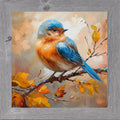 Framed bluebird oil-style wall art with autumn leaves and branch, light gray frame