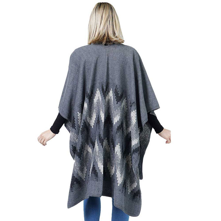 Gray chevron poncho cape shawl wrap with silver zigzag pattern and back view