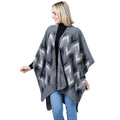 Gray chevron poncho cape shawl wrap with draped batwing sleeves and open front