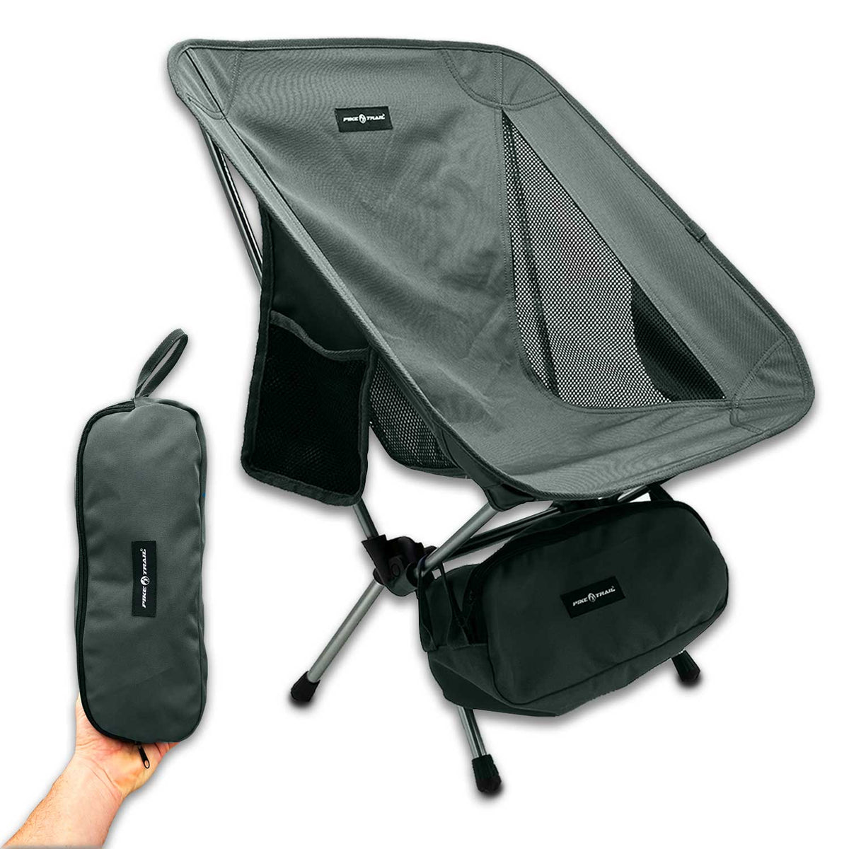 Gray ultralight folding camping chair with mesh panel and matching storage bag.