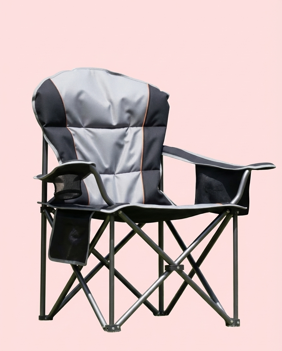 Grey and black folding camping chair with padded backrest and armrests