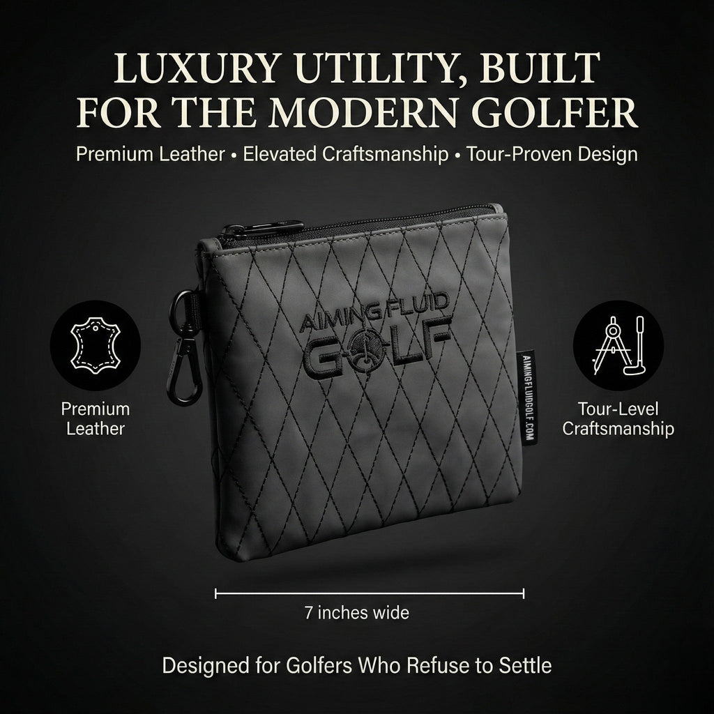 Black quilted leather utility pouch with zip top and attached side key clip loop