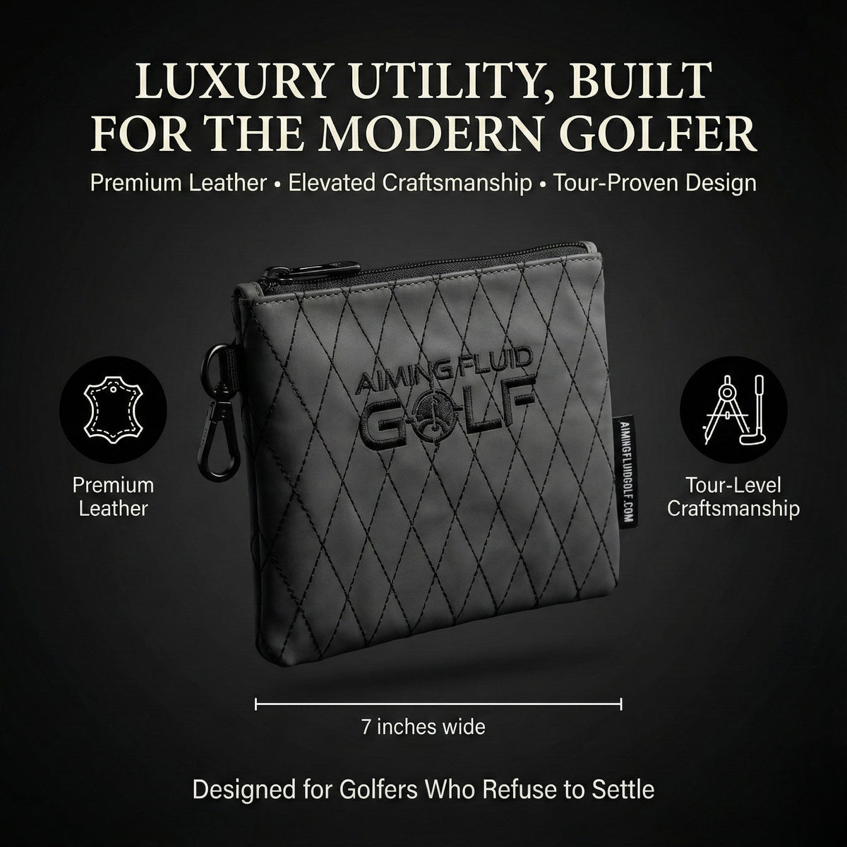 Black quilted leather utility pouch with zip top and attached side key clip loop