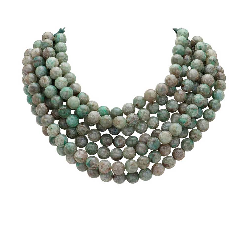 Green and gray multi-strand beaded statement necklace with layered round beads.