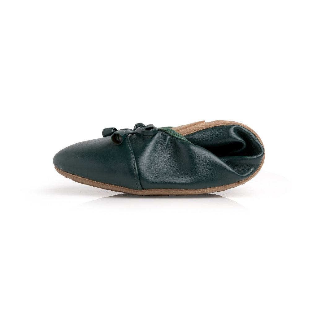 Dark green flats with rounded toe and tie bow on top
