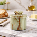 Green onyx butter crock with matching lid, rounded ceramic container for butter storage