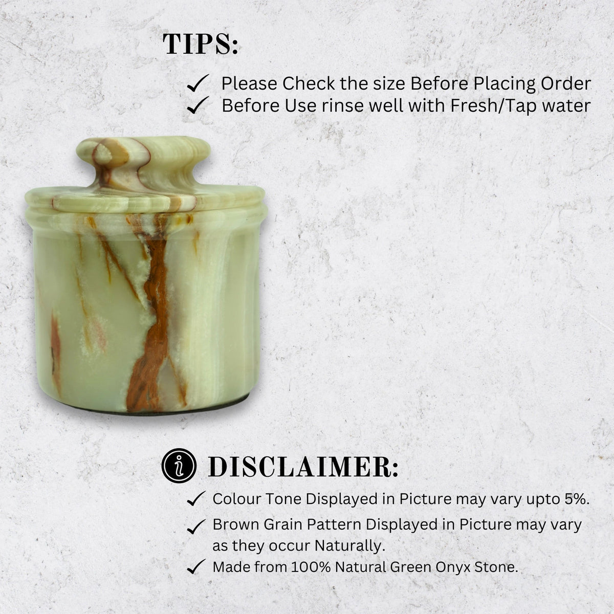 Green onyx butter crock with lid, small lidded container with swirled brown veining
