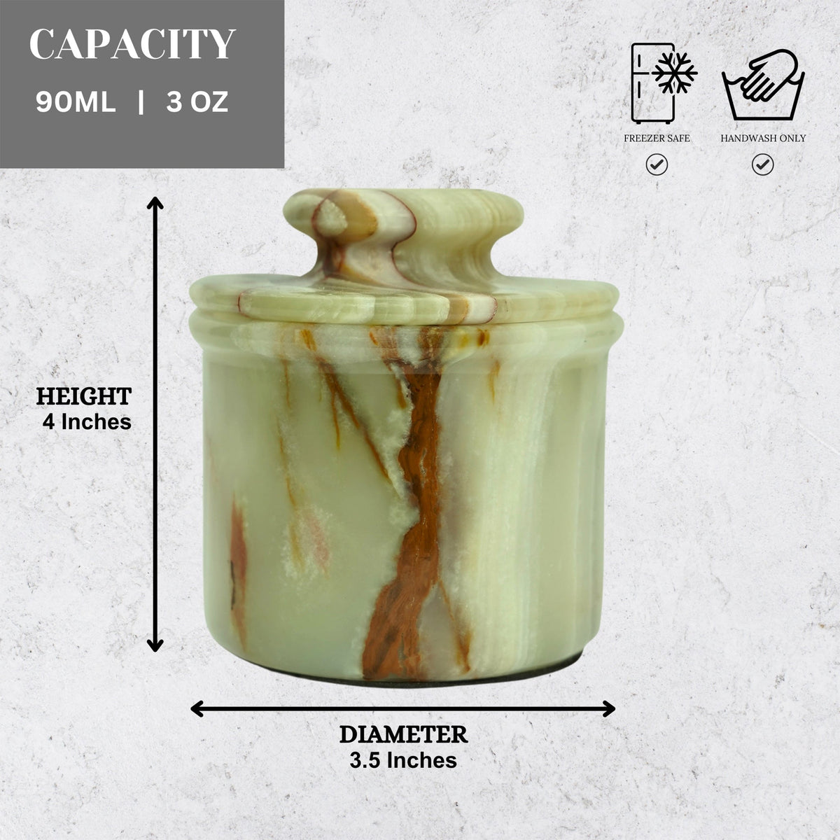 Green onyx butter crock with lid, marble-patterned ceramic jar for countertop use