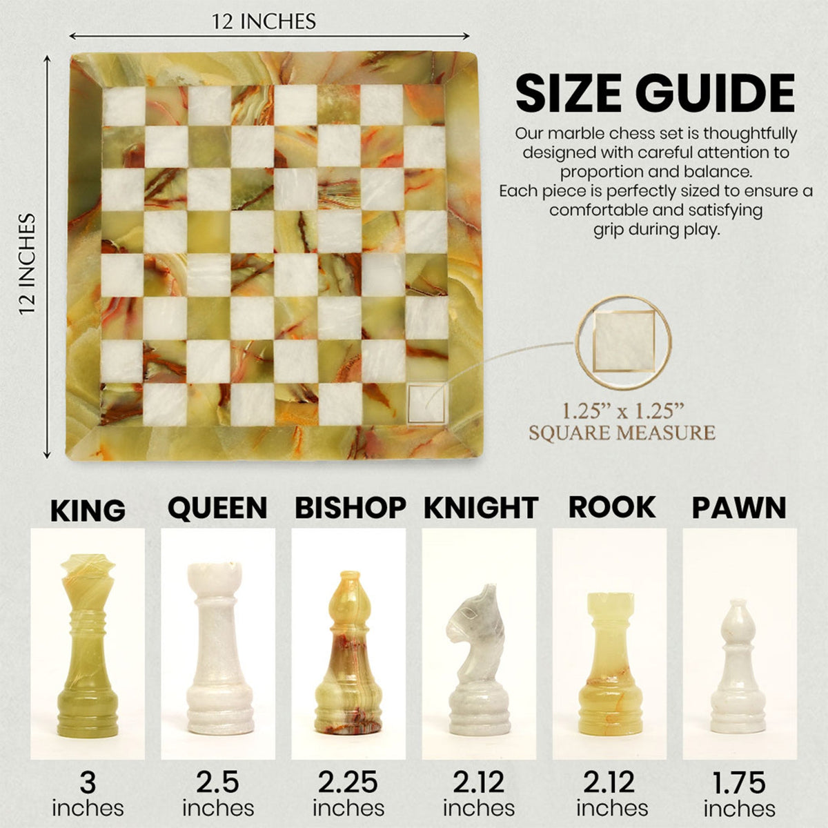 Green and white marble chess board, top view with piece size guide and square layout