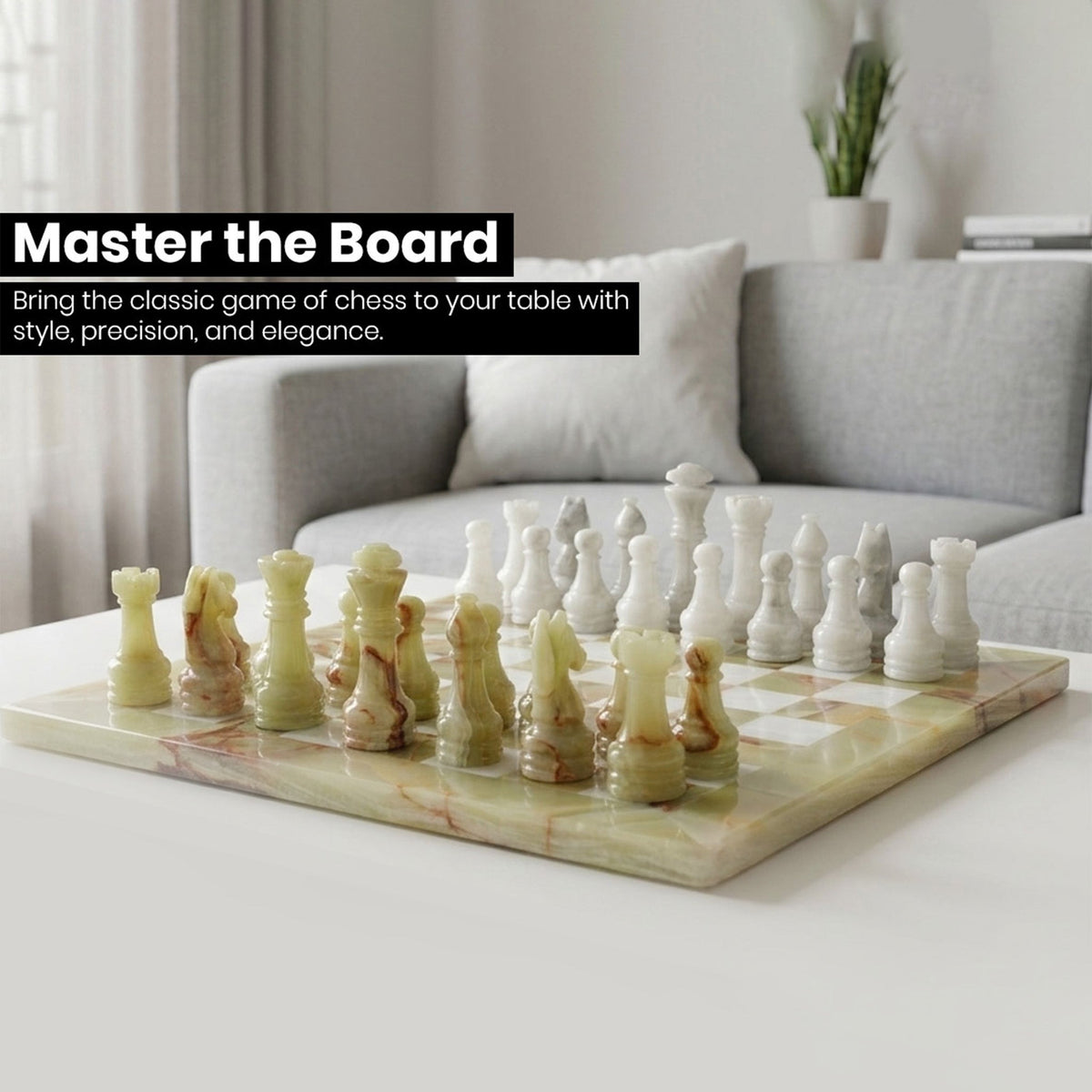 Green and white marble chess board with gold and white chess pieces and kings at front
