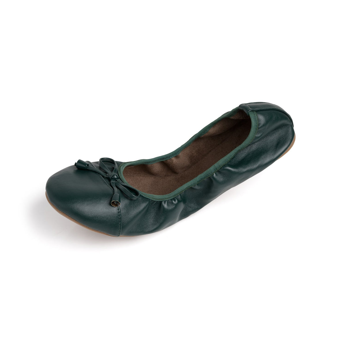 Dark green ballet flats with lace-up bow at the toe
